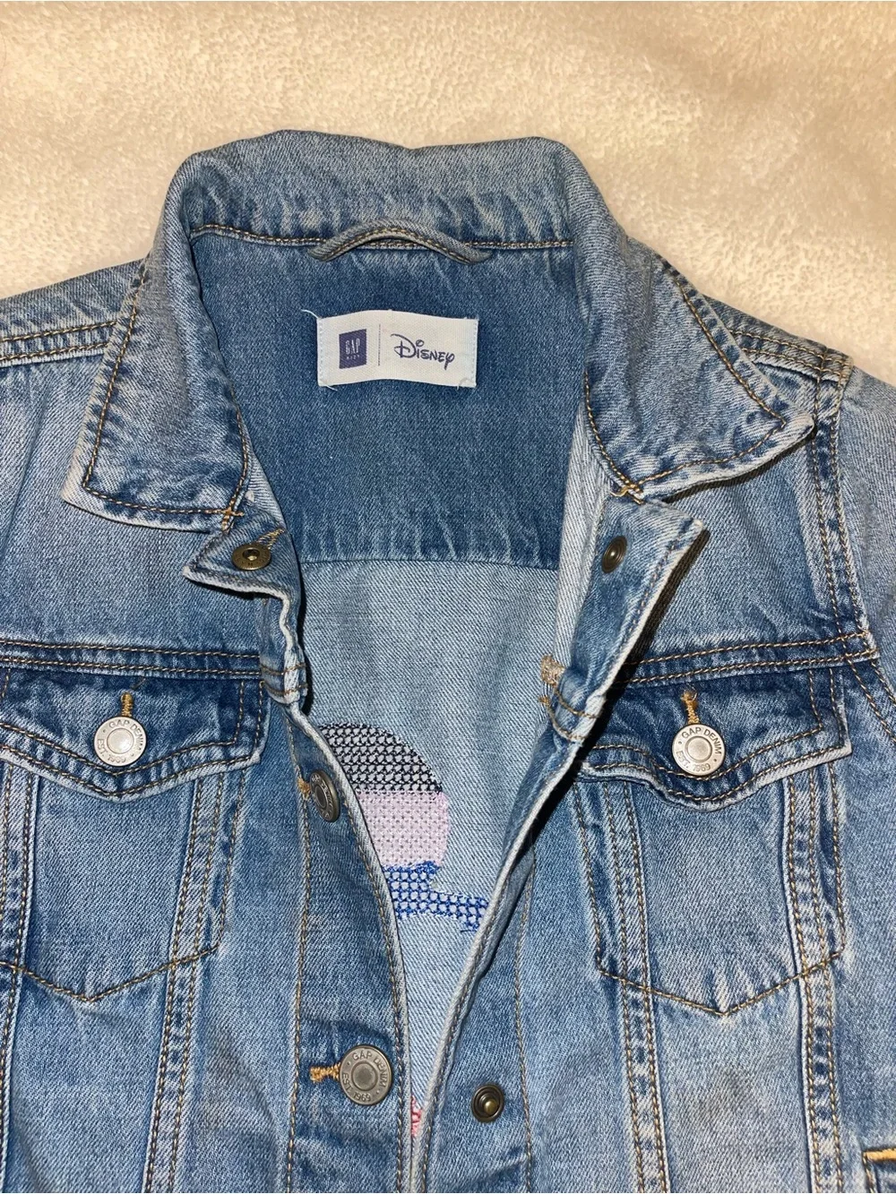 GAP Kids DISNEY Blue Denim Jacket with Multicolor Mickey Embroidery size 10-11